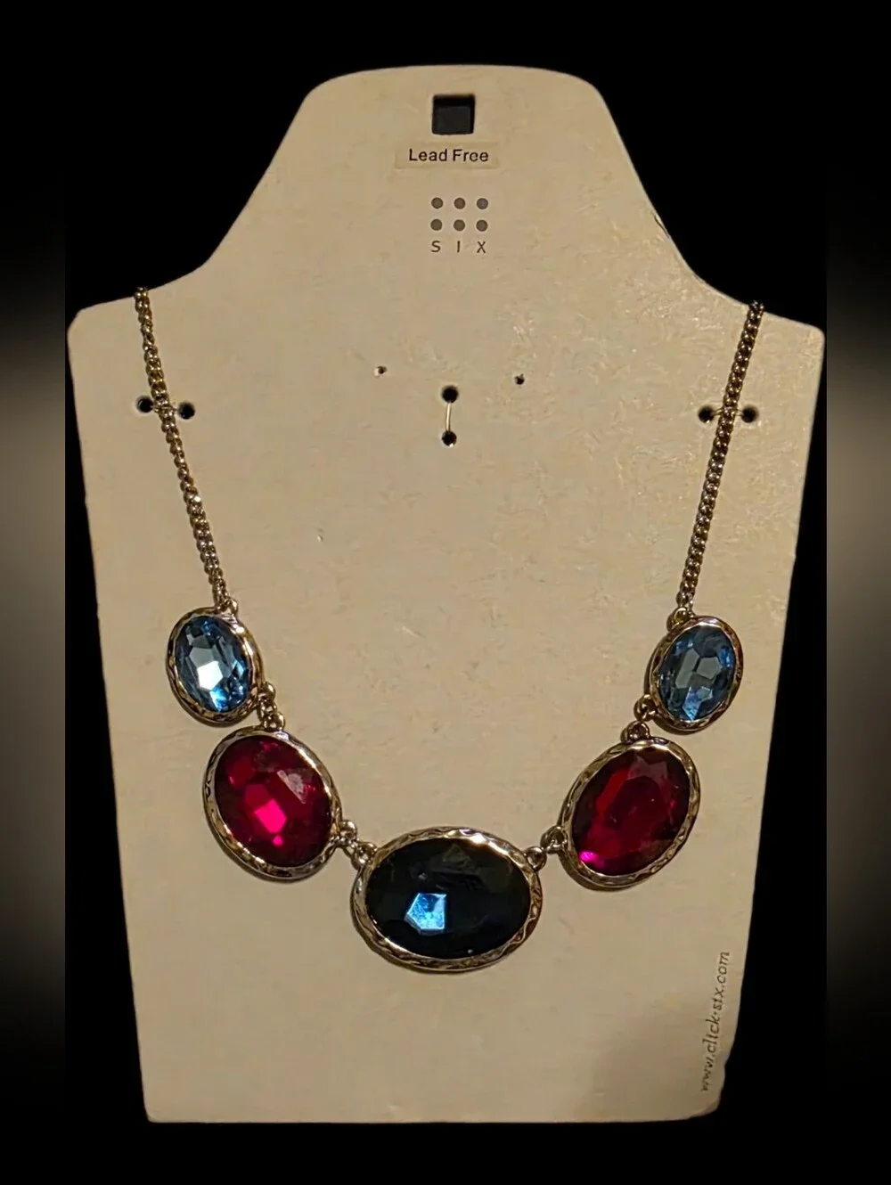 Statement Necklace w/Blue and Red Oval Gemstones